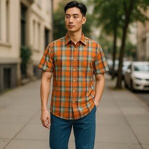 IZOD Saltwater  Men's size small orange blue plaid short sleeve button up shirt